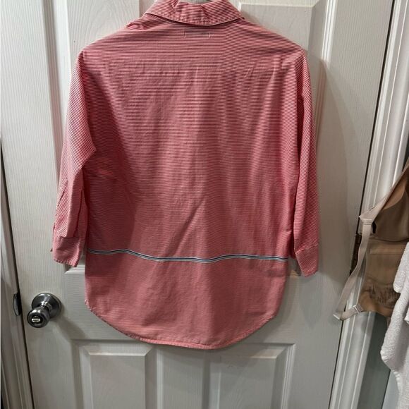 J Crew 100% cotton peach & white stripe popover blouse w an aqua stripe accent - Picture 8 of 12